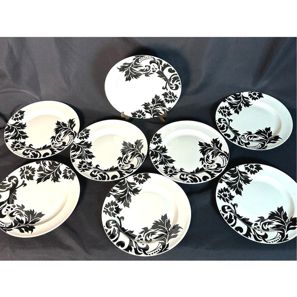 Coventry Porcelain China Black and White Damask II Salad Plate 8" SET of 8 - Picture 2 of 7